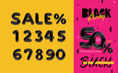 Wall Mural - Sale poster of Black Friday. Sale off discount promotion set made of realistic numbers 3d gold helium balloons. Balloon black 50% percent discount. Set for your unique selling poster, banner ads.