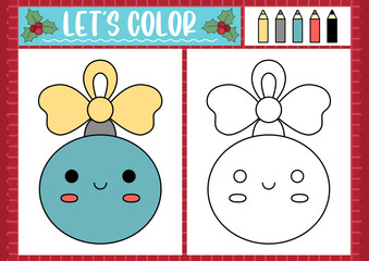 Wall Mural - Christmas coloring page for children with cute kawaii colored ball. Vector winter holiday outline illustration. Color book for kids with colored example. Drawing skills printable worksheet.
