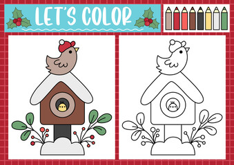christmas coloring page for children with cute kawaii bird house. vector winter holiday outline illu
