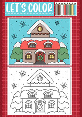 Christmas coloring page for children with cute kawaii decorated house. Vector winter holiday outline illustration. Color book for kids with colored example. Drawing skills printable worksheet.