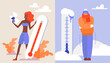 Cold vs hot extreme weather vector illustration. Cartoon girl in summer clothing holding fan and high temperature thermometer, person in warm clothes freezing and shivering in winter snow background