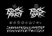 Rock'n'roll Party And Rock Bar Vintage Style Grunge Signs Collection With Type Font Alphabet Vector Template. Punk Rock Style Elements For Tee Print And Textile Design