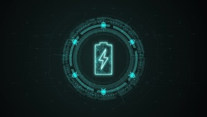 Wall Mural - Motion graphic of Blue digital battery logo with rotation HUD circle technology interface and futuristic elements abstract background