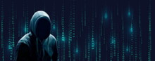 Silhouette Du Cybercriminel Sur Fond De Données Binaires Bleu Cyan
