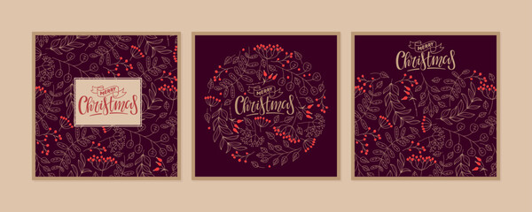 Wall Mural - Christmas card set. Seamless border with botanical elements, calligraphy lettering Merry Christmas. Winter greeting posters. Flat vector cards with red rowan berries and rowan leaves on dark purple