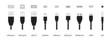 Black Cabels Icon Set. Usb Type A, Type B, Type C, 3.0, Micro, Mini, Micro B, AUX, HDMI. Vector EPS 10