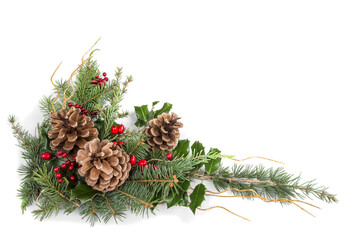 Wall Mural - christmas symbol, decoration of fir branches and cones isolated on white background