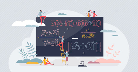 Wall Mural - Complex numbers equation study or solving mathematical problems tiny person concept. Blackboard with difficult math or algebra theory functions for complicated knowledge learning vector illustration.