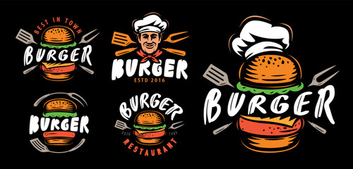 Wall Mural - Burger emblem set. Labels, signs, symbols, icons and design elements for restaurant or cafe menu. Vector illustration