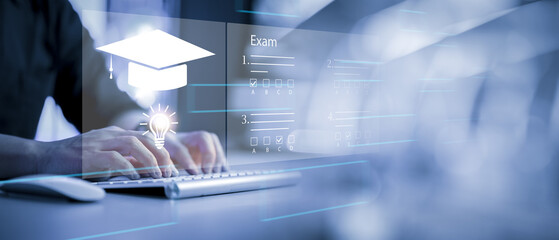 Fototapete - online exam, choose correct answer in test. student passing online exam, choose correct answer in test. E-learning Education Internet Technology Webinar Online Courses concept.