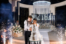 Front View Happy Married Couple Loving Man And Woman Cutting Big White Cake On Wedding Ceremony At Night. Standing Near Well-decorated Luxury Altar With Flowers And Sparklers. Special Event