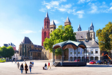 maastricht, netherlands. church of saint john (left) and basilica of saint servatius (right) viewed 