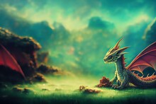A Kawaii Baby Dragon. Cute Bright And Colorful 3D Render Animation. Adorable Dragon Baby With Large Eyes And Realistic Scales In His Natural Habitat, Digital Art Style, Illustration Painting