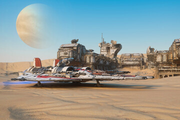 Poster - Dirty fighter space ship on a remote desert alien planet. 3D rendering.