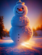 Gorgeous Snowman Smiling At Sunset. AI. 