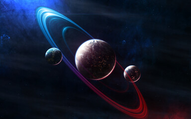 Wall Mural - Deep space planets in light of blue and red stars. Science fiction. Elements of this image furnished by NASA