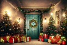Front Door Of The House Decorated With Christmas Reeds And Colorful Lights. Gifts Under The Xmas  Trees. Cosy Christmas Atmosphere, Lots Of Snow. Digital Painting Art.