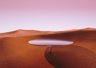 Poster - podium background, pedestal stand in sand dunes. product display desert landscape scene 3d illustrat