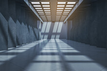 Luxury Dark Concrete Gallery Interior With Sunlight And Shadows. 3D Rendering.