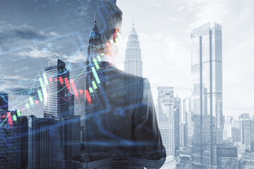 Aufkleber - businessman and creative candlestick forex chart index hologram on blurry background. Trade, business market and finance analysis concept. Double exposure.