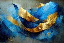 Blue Abstract Fluid Background With Gold Paths, Alcohol Ink Art Texture With Golden Elements, Blue Wave Marble Modern Fluid Art Pattern Decor Wall Art