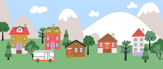 Sticker - Neighborhood cartoon nature landscape, tiny houses and mountains. Rural area, bus in village. Cute childish vector background, real estate banner