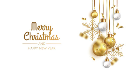 happy new year and merry christmas. background with realistic holiday ball. white and gold christmas