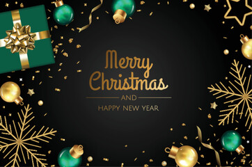 Merry Christmas and Happy New Year poster or banner with green gift box, christmas ball and gold christmas element