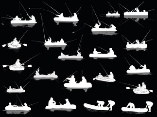 Wall Mural - fishermen on twenty one boats silhouettes isolated on black