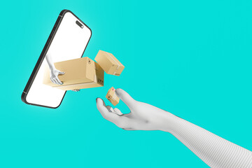 Poster - Online Shopping on the smartphone. A design hand holding a parcel boxes on Light Sea Green color back ground.hand delivery parcel box out of the mobile phone 3D rendering