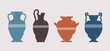 Broken vase silhouettes set. Different cracked ancient greek amphoras with meander pattern. Various forms and shapes of antique ceramic jar or vessel. Old clay pottery collection. Vector