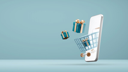 shopping cart with gift boxes flies through the phone screen on teal background. concept of modern s