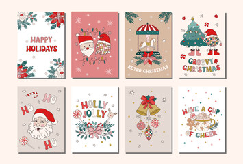 Wall Mural - Set of hand drawn vector Christmas and winter holidays posters and cards, banners. Christmas greeting card,invitation template, banner design in modern retro vintage groovy 60s 70s style.