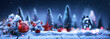 Winter Night Landscape With Fir Branches And Decorations. Christmas Holiday