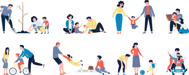 Family spend time together. Flat parents spending evening with child. Fun outdoor and home rest, planting and picnic, walking and playing. Recent parenthood vector scenes