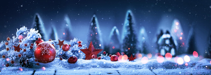 Wall Mural - winter night landscape with fir branches and decorations. christmas holiday