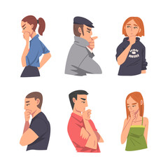 Sticker - Thoughtful Man and Woman Character Scratching Head Thinking and Considering Something Vector Set