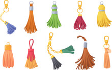 Leather Tassels. Tassel Fringe For Women Handbag Or Jewelry, Decorative Trim Of Bag, Hanger Charm Trinkets Fur Keyring Fashion Brush Chain Zipper Pendant, Neat Vector Illustration