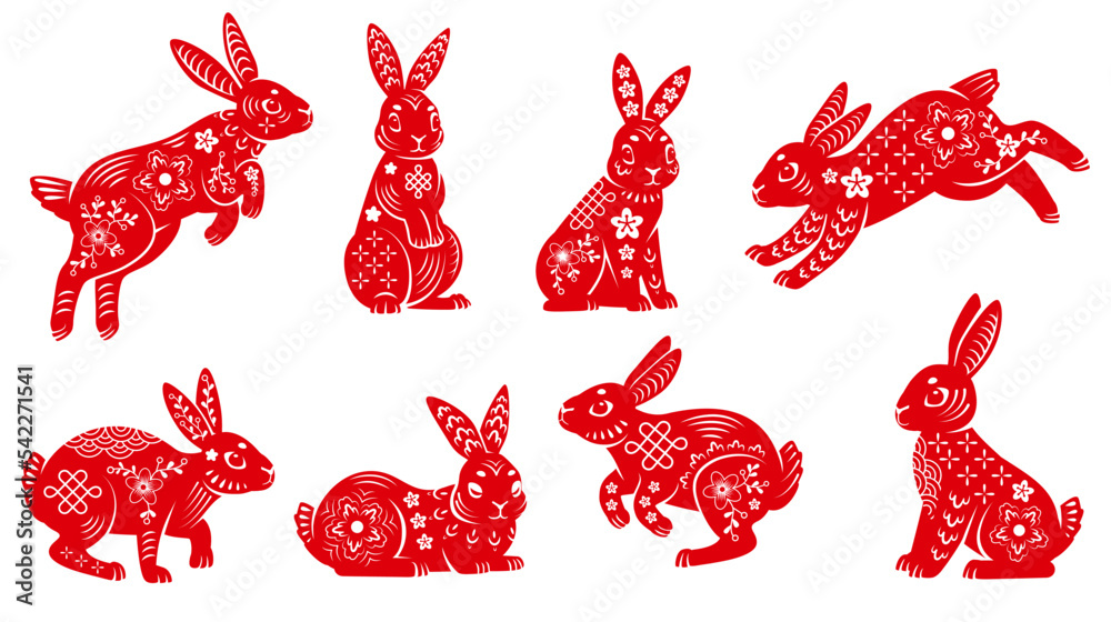 Lunar oriental rabbits. New 2023 chinese year of rabbit floral