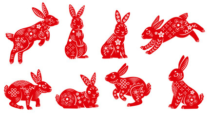 lunar oriental rabbits. new 2023 chinese year of rabbit floral bunny silhouette, paper cut zodiac sy