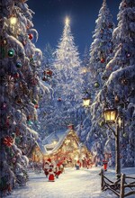 Christmas Wonderland Cottage Town Farm Cabin In Forest, Decorations, Joy Season Bright, Snow Covered Playful Landscape