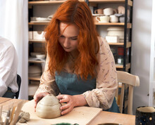 Beautiful Young Red Head Woman Potter Crafts Dishes, Tableware, Utensils. Pottery Workshop Class.