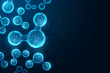 Wall Mural - Water molecules science banner with copy space to add text in futuristic glowing style on dark blue 