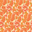 Abstract seamless pattern in autumn colors. Seamless texture, abstract background design with paint stains and smudges in orange colors, golden wavy lines. Vector illustration.