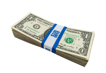 Pack of one dollar bills wrapped with $100 paper currency strap isolated.