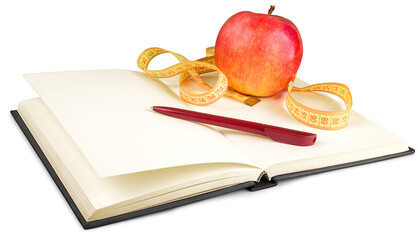 Sticker - Notebook and pen with apple and measuring tape for writing the diet notes