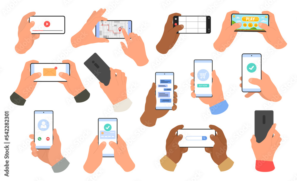 Set of hands holding mobile phones. People use smartphones and surfing ...