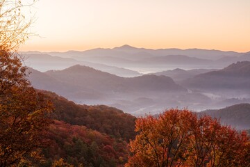 A beautiful sunrise near Great Smoky Mountains National Park. The trees are peak autumn colors and the sky has an orange glow. There is fog and haze in the distant valleys. 