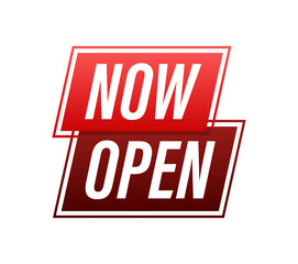 Poster - Now open Button, icon, emblem, label. Vector stock illustration.