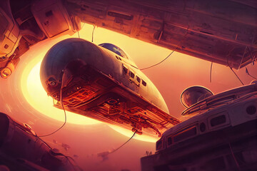 Wall Mural - Futuristic cyberpunk city. Science fiction concept, airship view. 3D render.